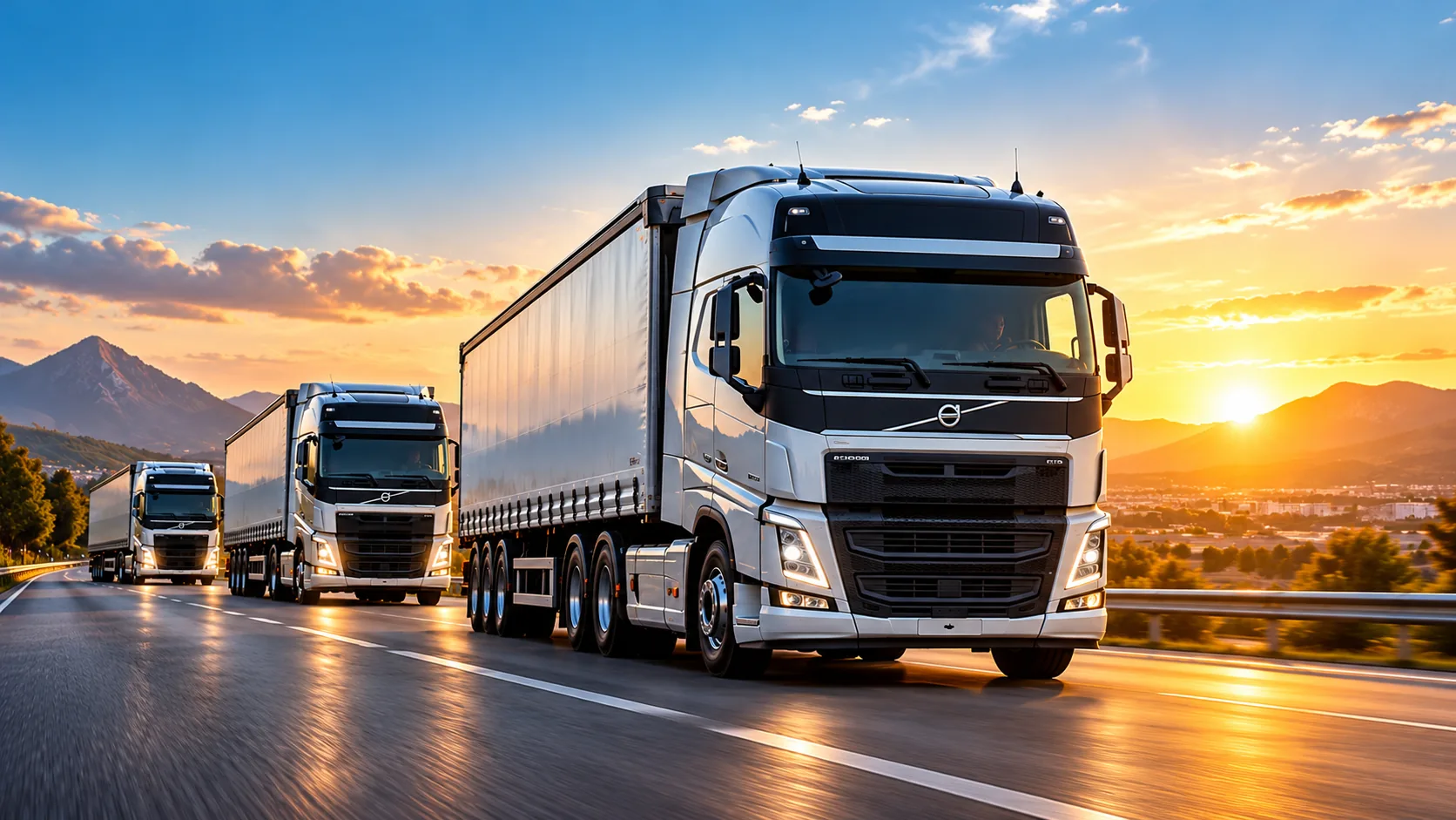 Commercial truck travelling along a scenic highway